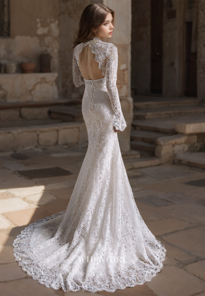 Jewel Neck Long Sleeves Sheath Appliques Lace Wedding Dress with Sweep Train Bridal Dress