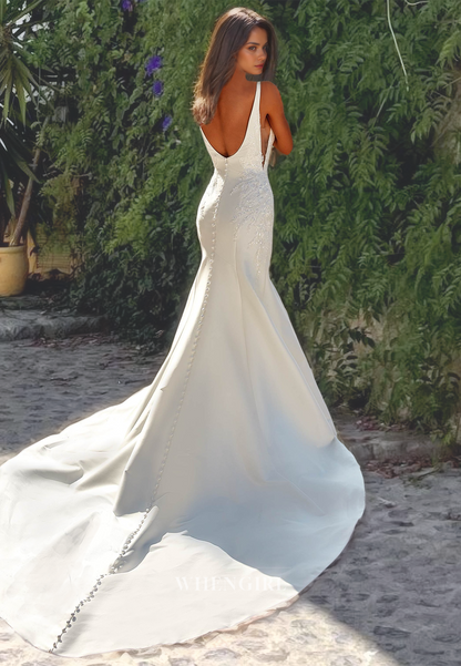 V-Neck Mermaid Spaghetti Straps Appliques Satin Wedding Dress with Sweep Train Bridal Dress