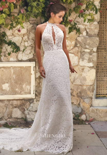 Asymmetrical Sleeveless Sweep Train Appliques Lace Sheath Bridal Gowns with Cut Outs Wedding Dress