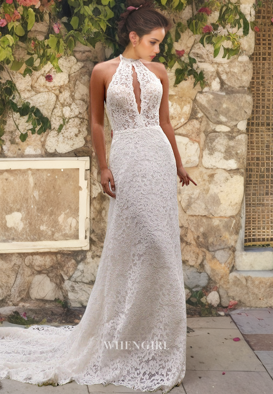 Asymmetrical Sleeveless Sweep Train Appliques Lace Sheath Bridal Gowns with Cut Outs Wedding Dress