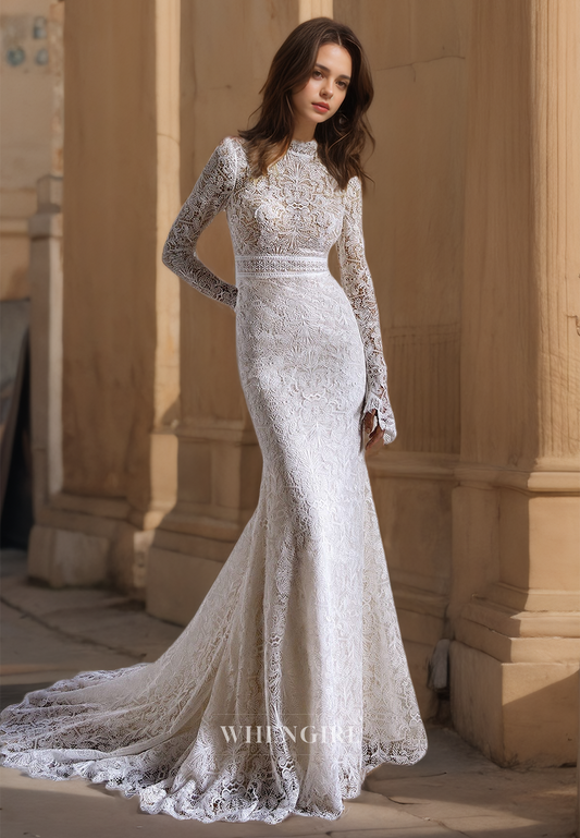 Jewel Neck Long Sleeves Sheath Appliques Lace Wedding Dress with Sweep Train Bridal Dress