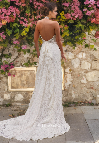 Asymmetrical Sleeveless Sweep Train Appliques Lace Sheath Bridal Gowns with Cut Outs Wedding Dress