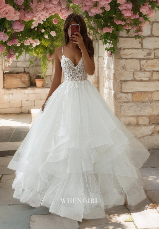 V-Line A-Line Spaghetti Straps Floor-Length Lace Beach Wedding Dress with Appliques Bridal Gowns