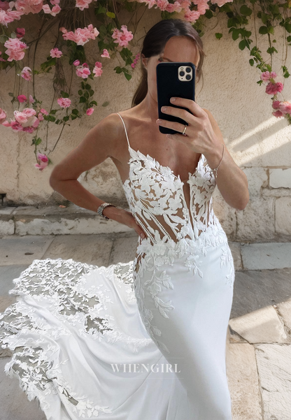 Spaghetti Straps Mermaid Wedding Dress Sleeveless Appliques Satin Bridal Gowns with Court Train