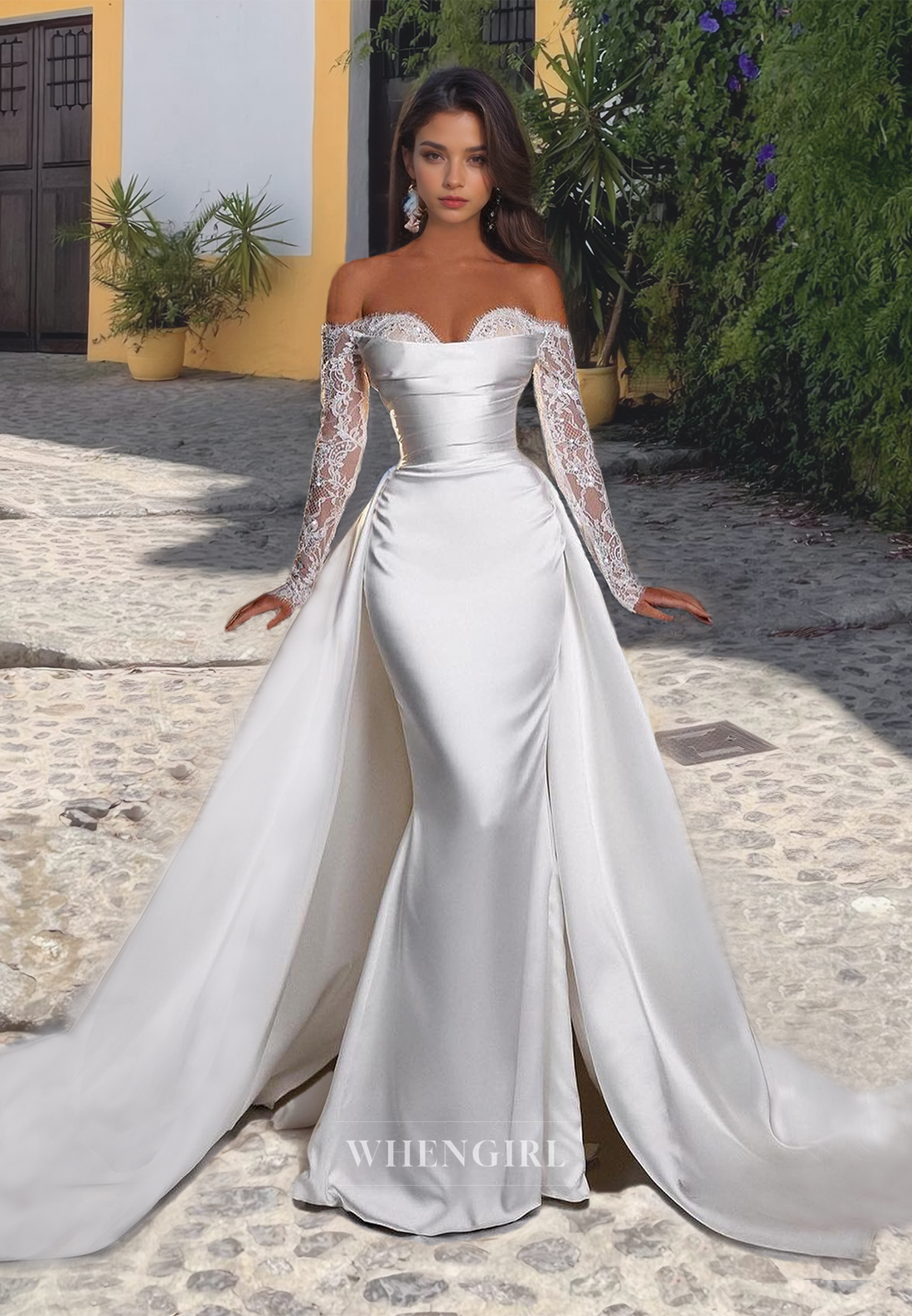 Sweetheart Sheath Long Sleeves Ruched Satin Wedding Dress with Overskirt Bridal Dress