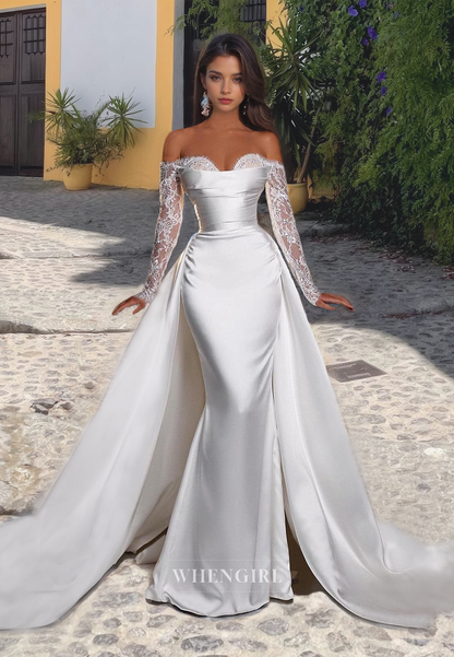 Sweetheart Sheath Long Sleeves Ruched Satin Wedding Dress with Overskirt Bridal Dress