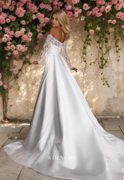 Sweetheart Sheath Long Sleeves Ruched Satin Wedding Dress with Overskirt Bridal Dress