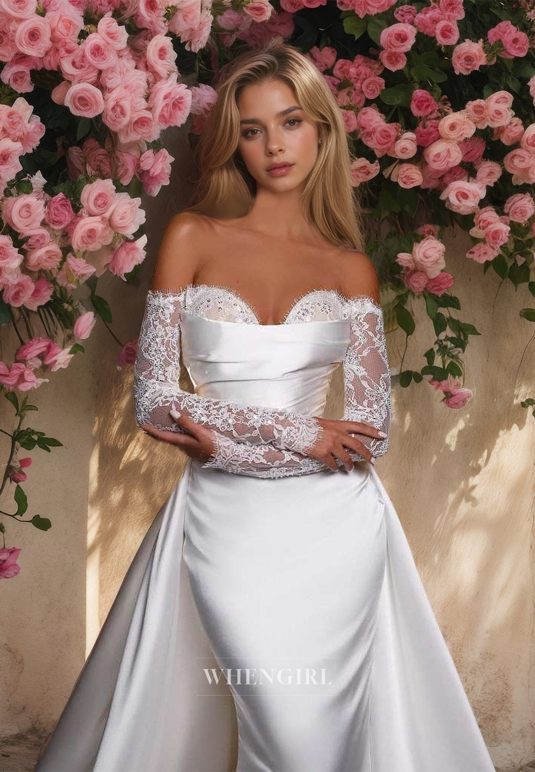 Sweetheart Sheath Long Sleeves Ruched Satin Wedding Dress with Overskirt Bridal Dress