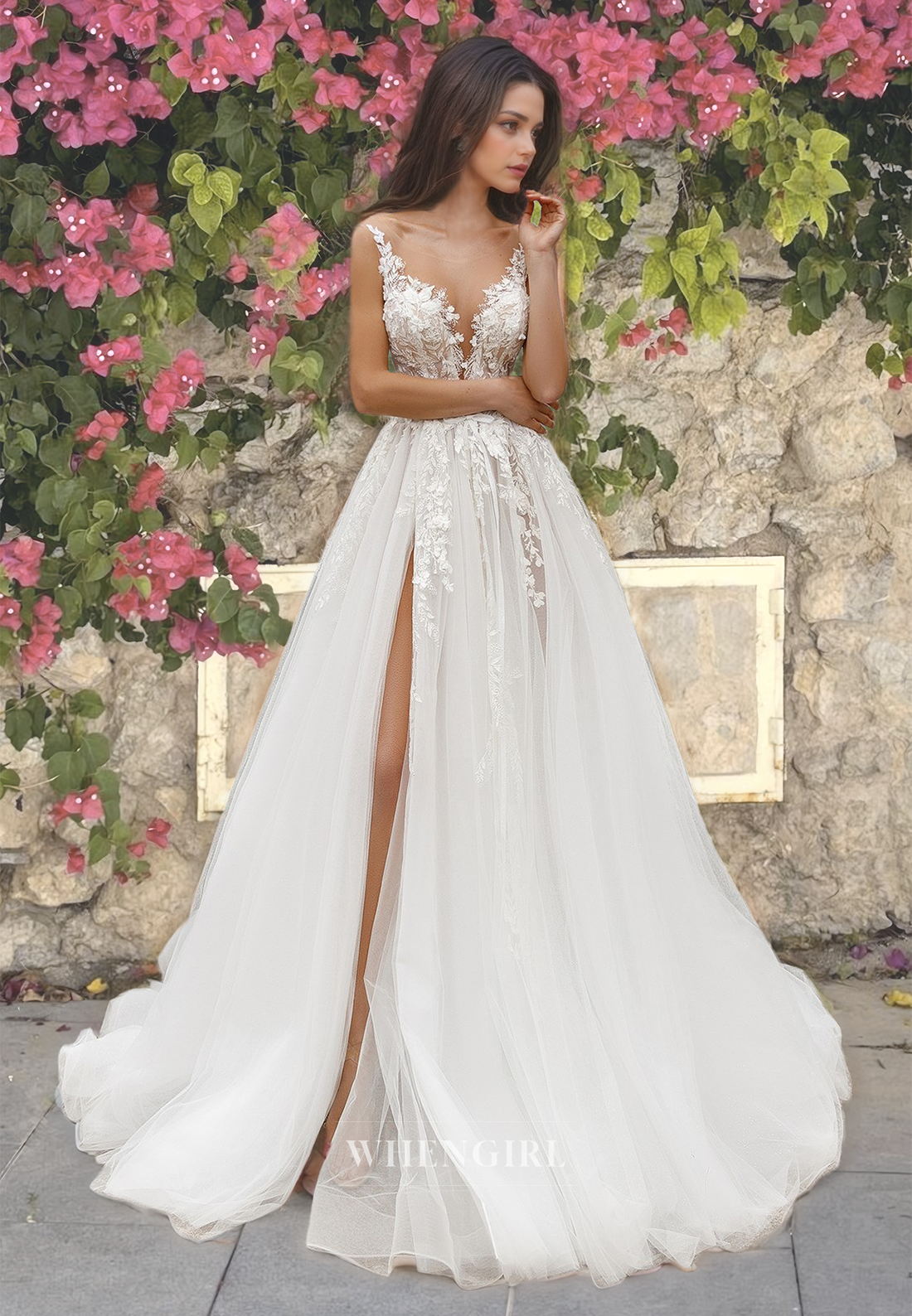 A-Line Sweetheart Beach Wedding Dress Spaghetti Straps High Slit Train WhenGirl A-Line Sweetheart Beach Wedding Dress Spaghetti Straps High Slit Train WhenGirl