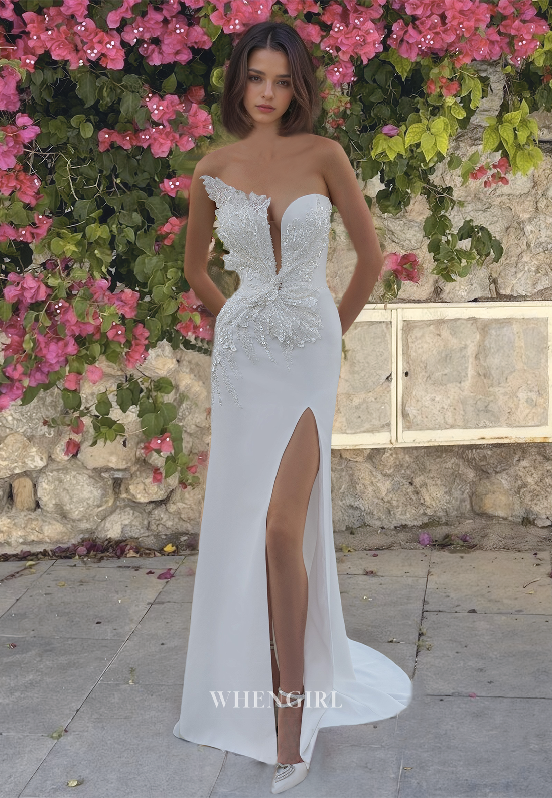 Sweetheart Sheath Beach Wedding Dress Sleeveless High Split Satin Boho Dress with Sequined Appliques