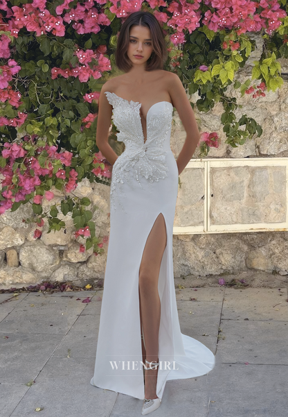 Sweetheart Sheath Beach Wedding Dress Sleeveless High Split Satin Boho Dress with Sequined Appliques