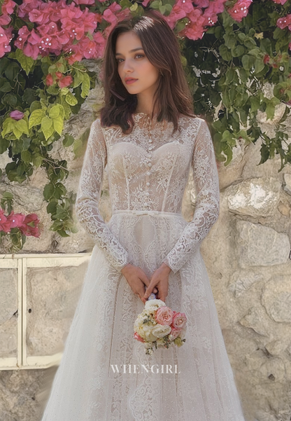 A-Line Sweetheart Long Sleeves Appliques Lace Wedding Dress with Sweep Train Bridal Gowns