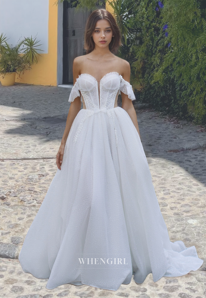 Elegant Sweetheart A-Line Sleeveless Court Train Lace Wedding Dress with Feather Bridal Gowns