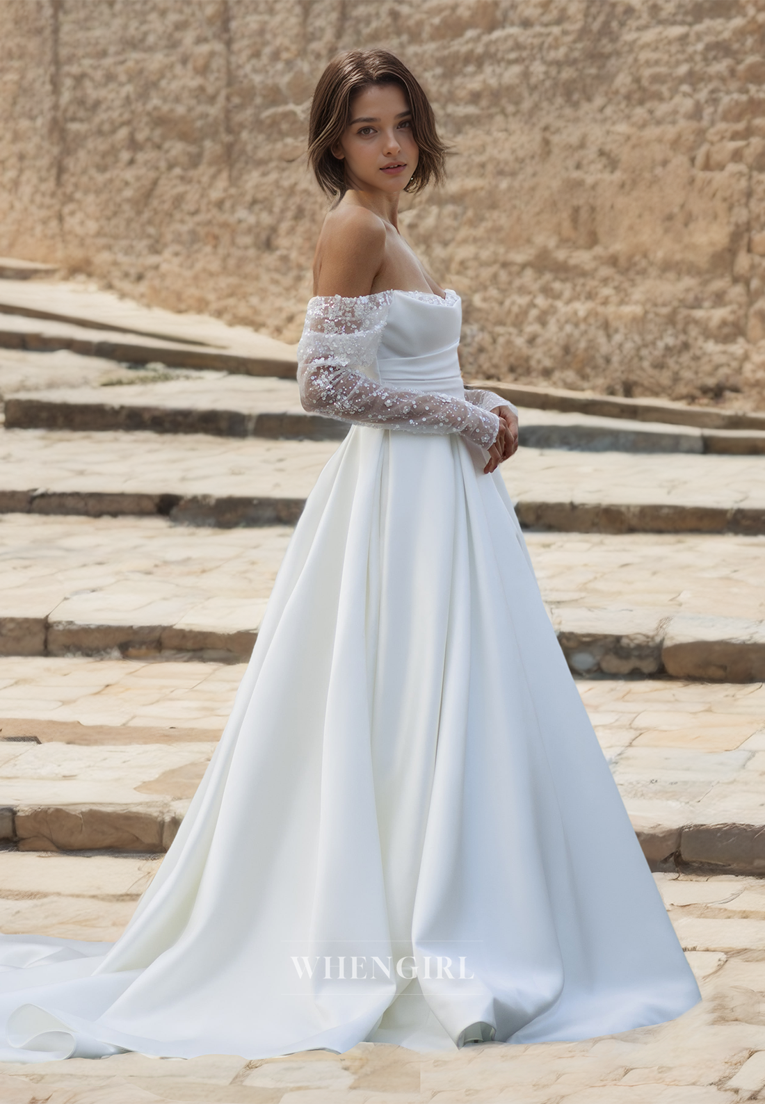 Strapless A-Line Long Sleeves Sweep Train Ruched Satin Wedding Dress with Pleated Bridal Dress