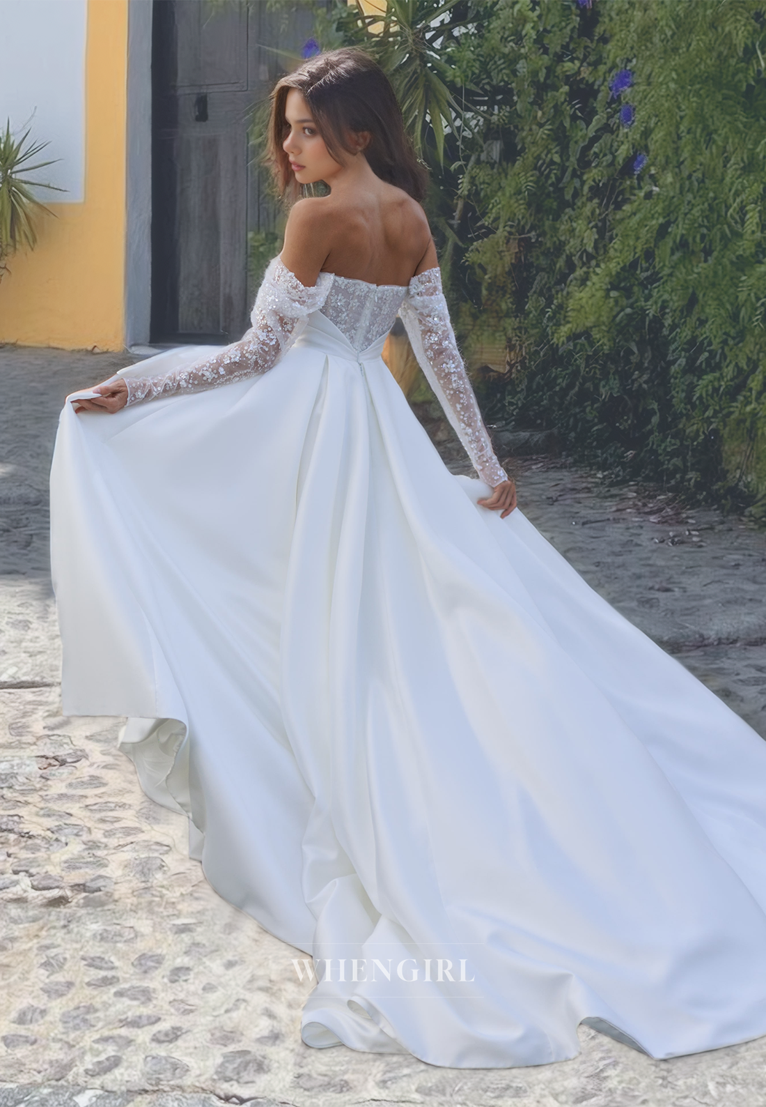 Strapless A-Line Long Sleeves Sweep Train Ruched Satin Wedding Dress with Pleated Bridal Dress