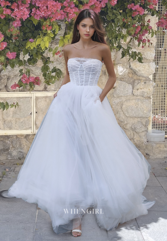 Strapless A-Line Sleeveless Sweep Train Ruched Lace Wedding Dress with Pleats