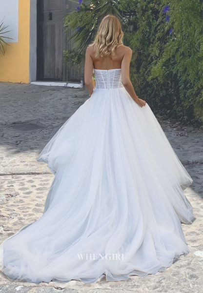 Strapless A-Line Sleeveless Sweep Train Ruched Lace Wedding Dress with Pleats