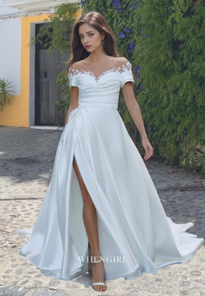 Off-Shoulder A-Line Sleeveless High Split Train Ruched Satin Wedding Dress Bridal Gowns with Appliques