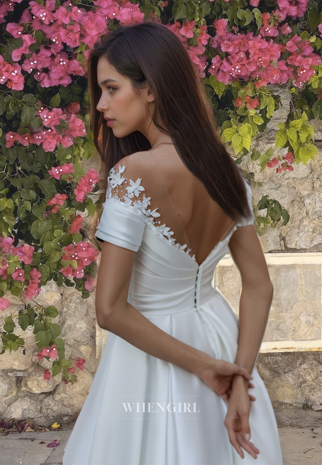 Off-Shoulder A-Line Sleeveless High Split Train Ruched Satin Wedding Dress Bridal Gowns with Appliques