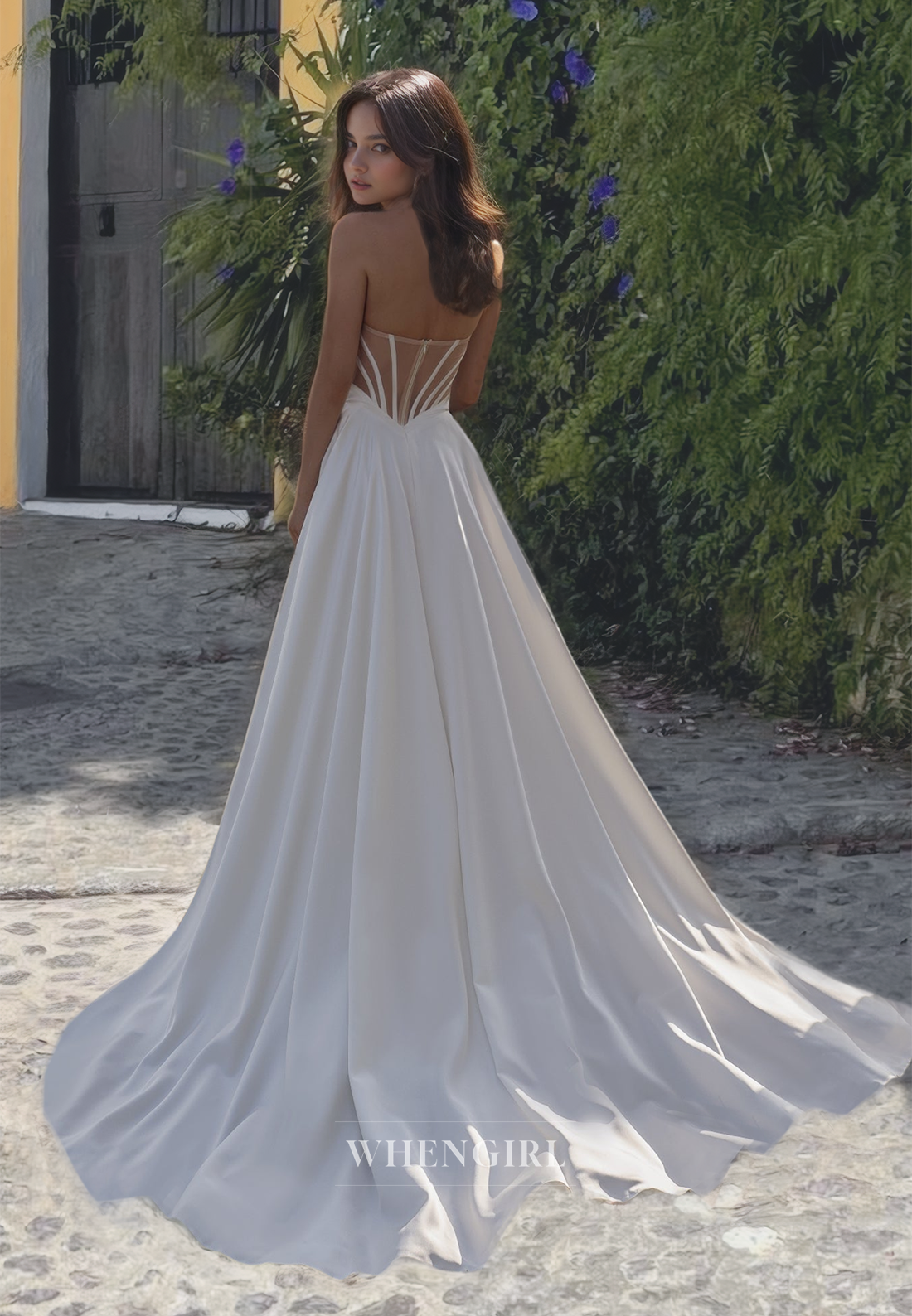 Sexy &Hot A Line Strapless Wedding Dress Sleeveless Satin Bridal Dress with Cut Outs