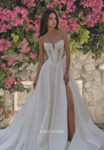 Sexy &Hot A Line Strapless Wedding Dress Sleeveless Satin Bridal Dress with Cut Outs