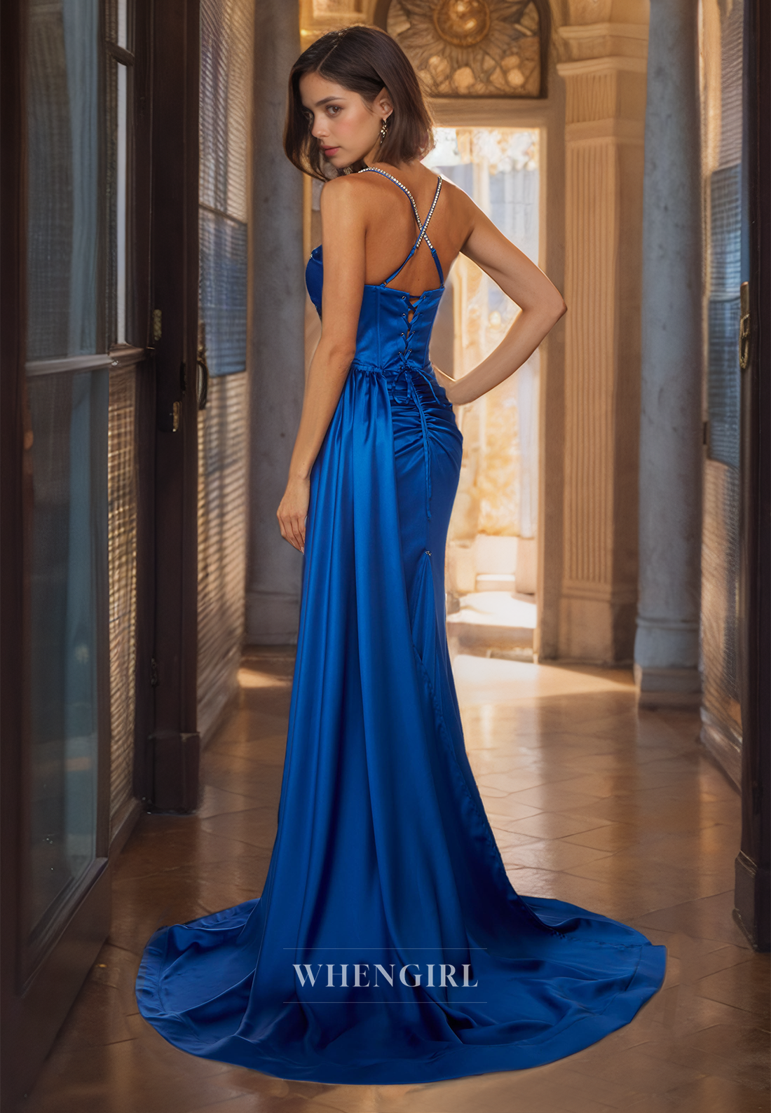 Spaghetti Straps Strapless Sheath Prom Dress Royal Blue High Split Pleated Satin Party Dress with Beads