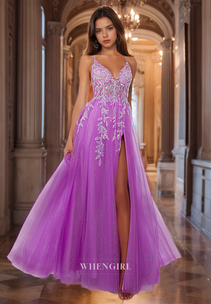 Low V-Neck A-Line Prom Dress Spaghetti Straps Floor-Length Lace Evening Dress with Appliques