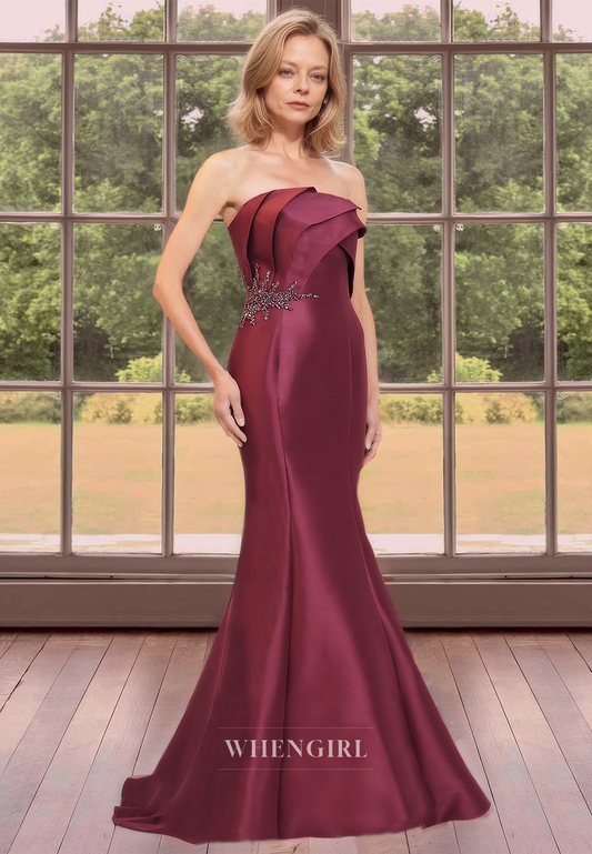 Classic & Timeless Strapless Mermaid Sleeveless Ruched Satin Mother of the Bride Dress with Beads