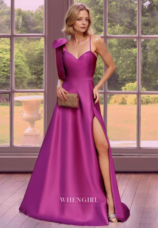 Chic & Modern Sweetheart A-Line Spaghetti Straps Slit Floor-Length Satin Mother of the Bride Dress with Bow