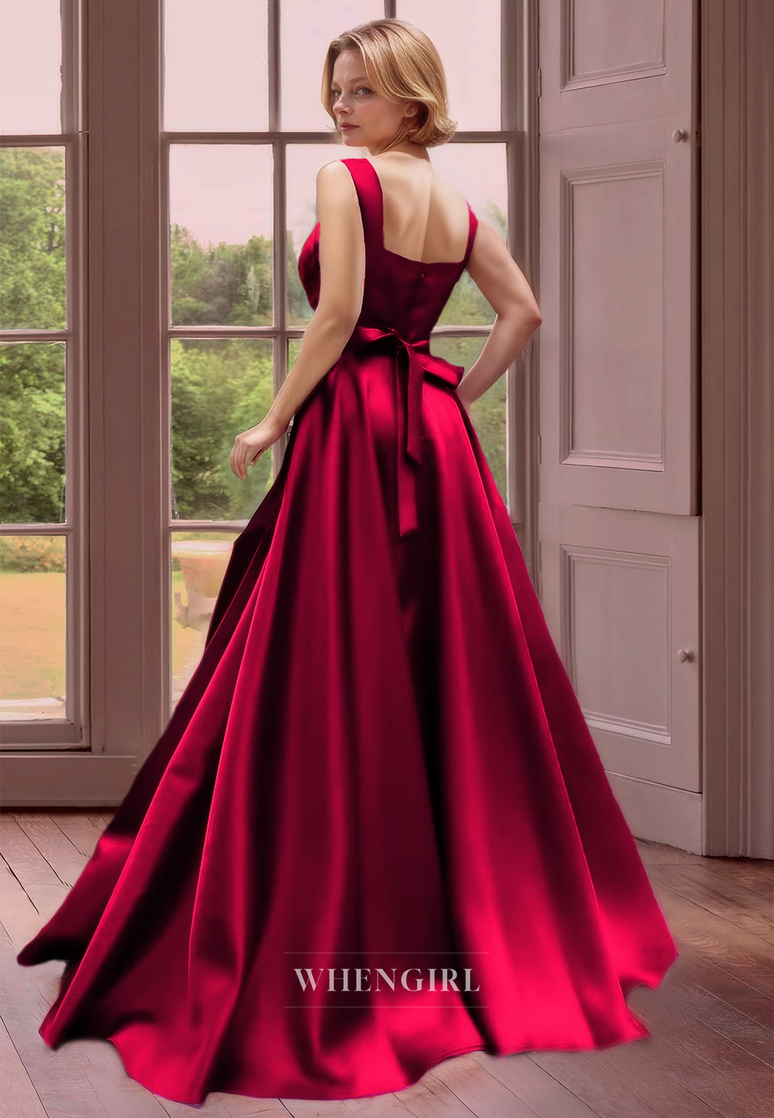 Simple & Casual Square Neck A-Line Spaghetti Straps Sweep Train Satin Cocktail Dress Mother of the Bride Dress