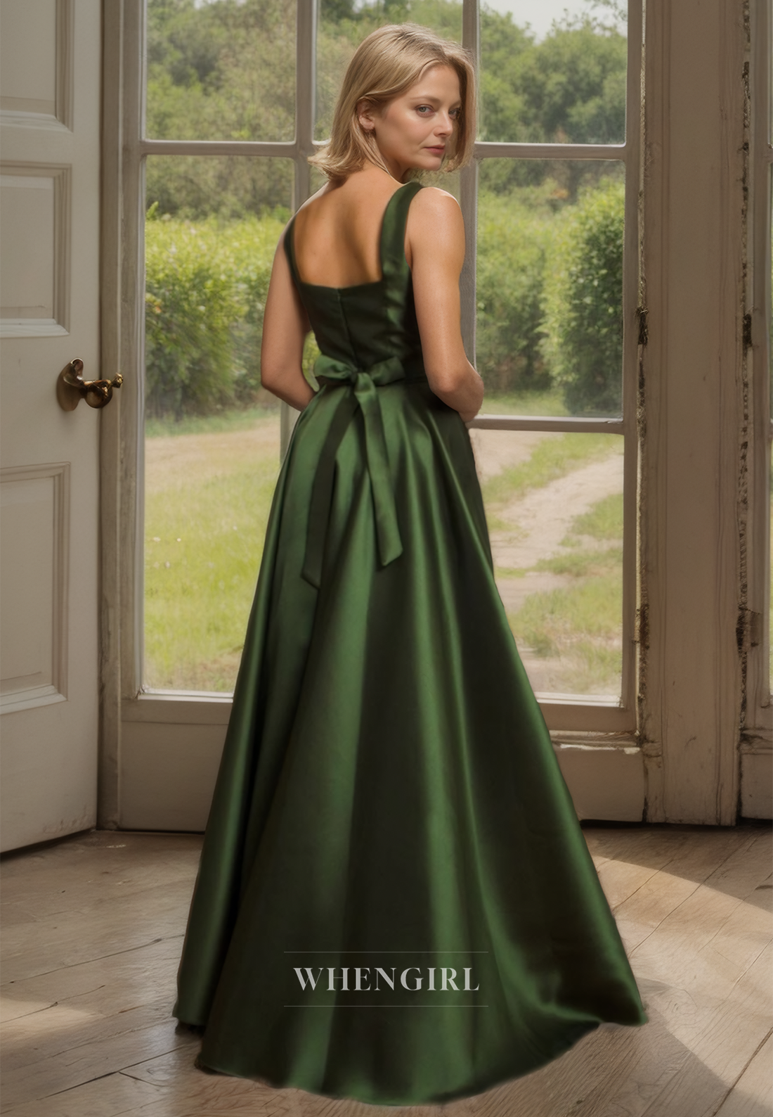 Simple & Casual Square Neck A-Line Spaghetti Straps Satin Cocktail Dress Mother of the Bride Dress