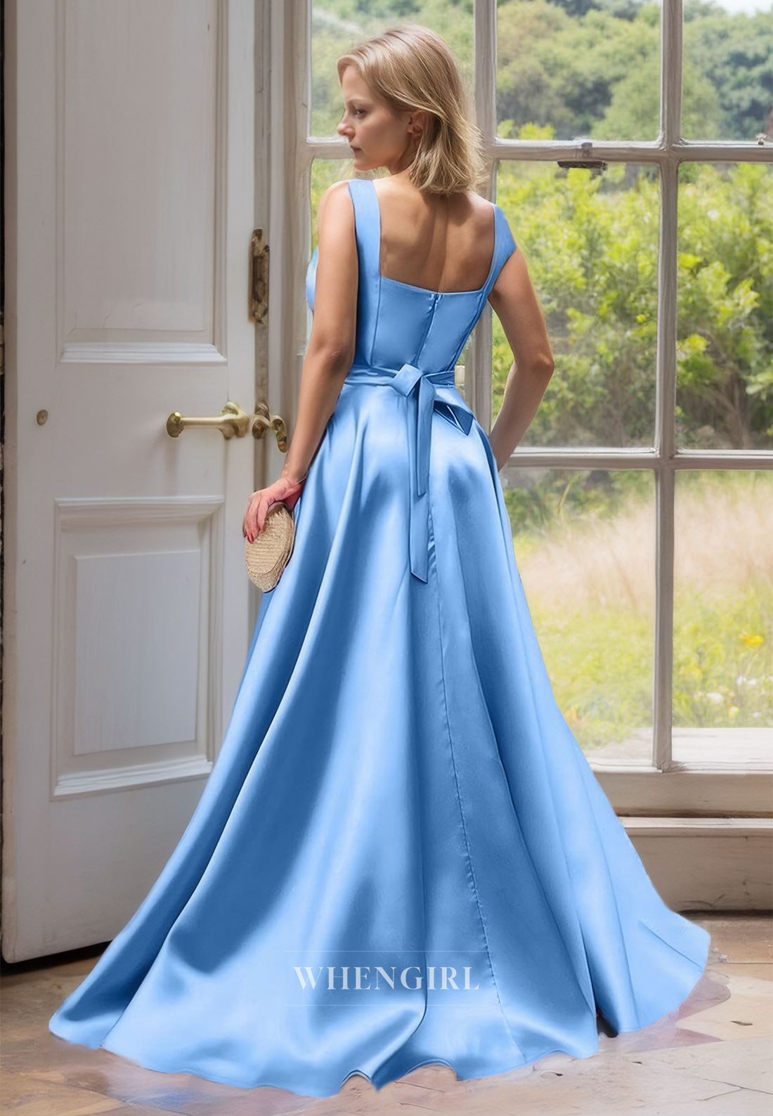 Simple & Casual Square Neck A-Line Spaghetti Straps Satin Cocktail Dress Mother of the Bride Dress