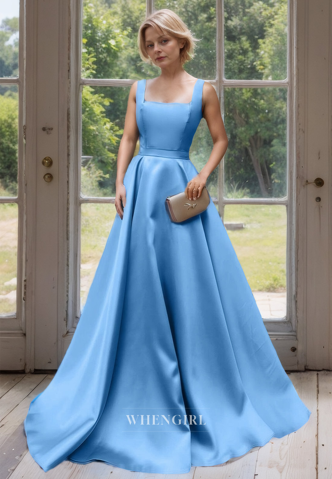 Simple & Casual Square Neck A-Line Spaghetti Straps Satin Cocktail Dress Mother of the Bride Dress