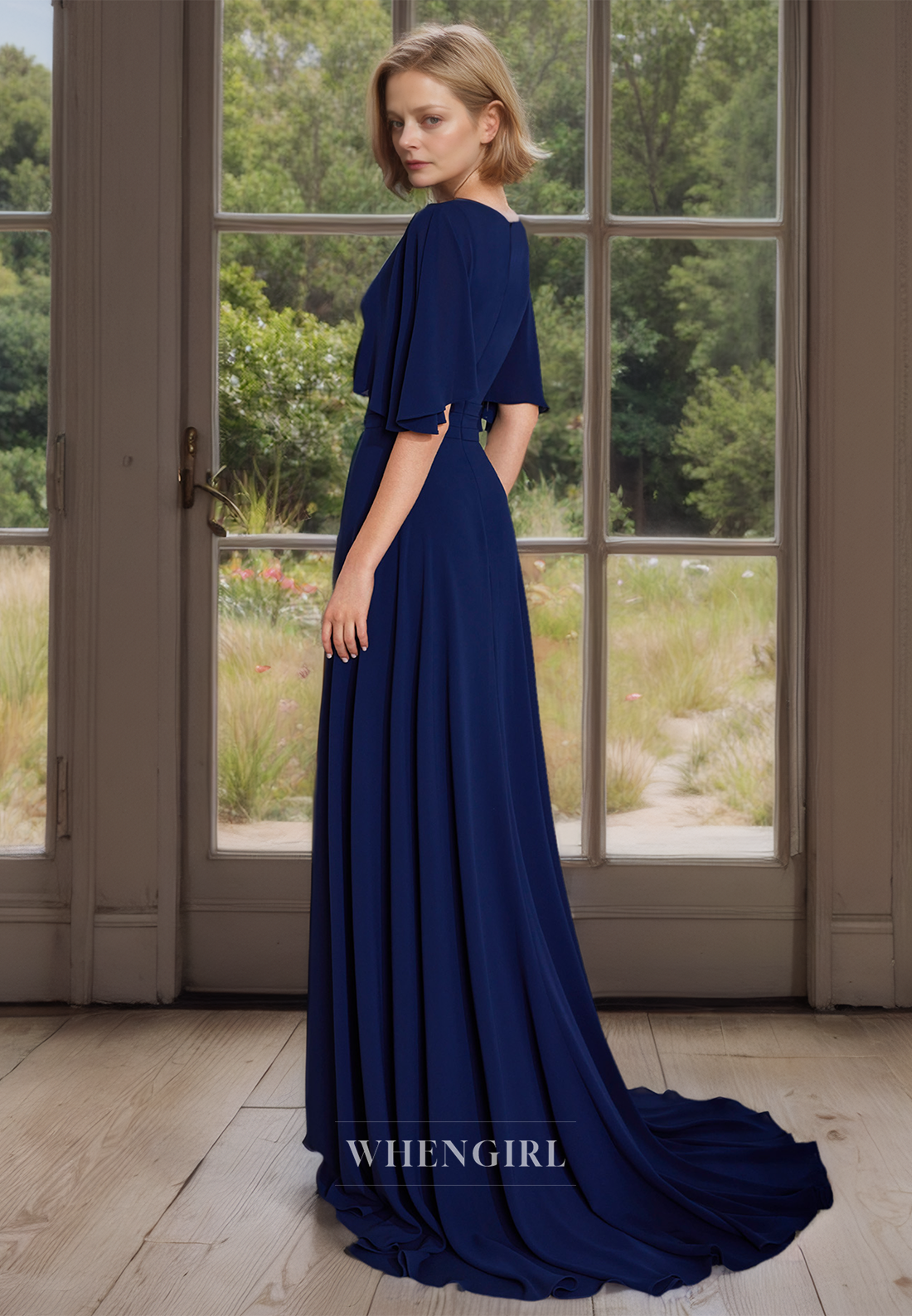 Couture & Ornate V-Neck A-Line Half Sleeves Sweep Train Chiffon Mother of the Bride Dress