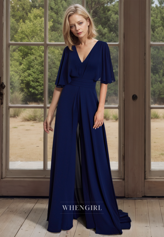 Couture & Ornate V-Neck A-Line Half Sleeves Sweep Train Chiffon Mother of the Bride Dress