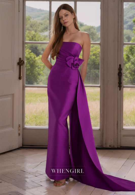 Classic & Simple Strapless Sheath Satin Cocktail Dress with Floral Embossed Mother of the Bride Dress