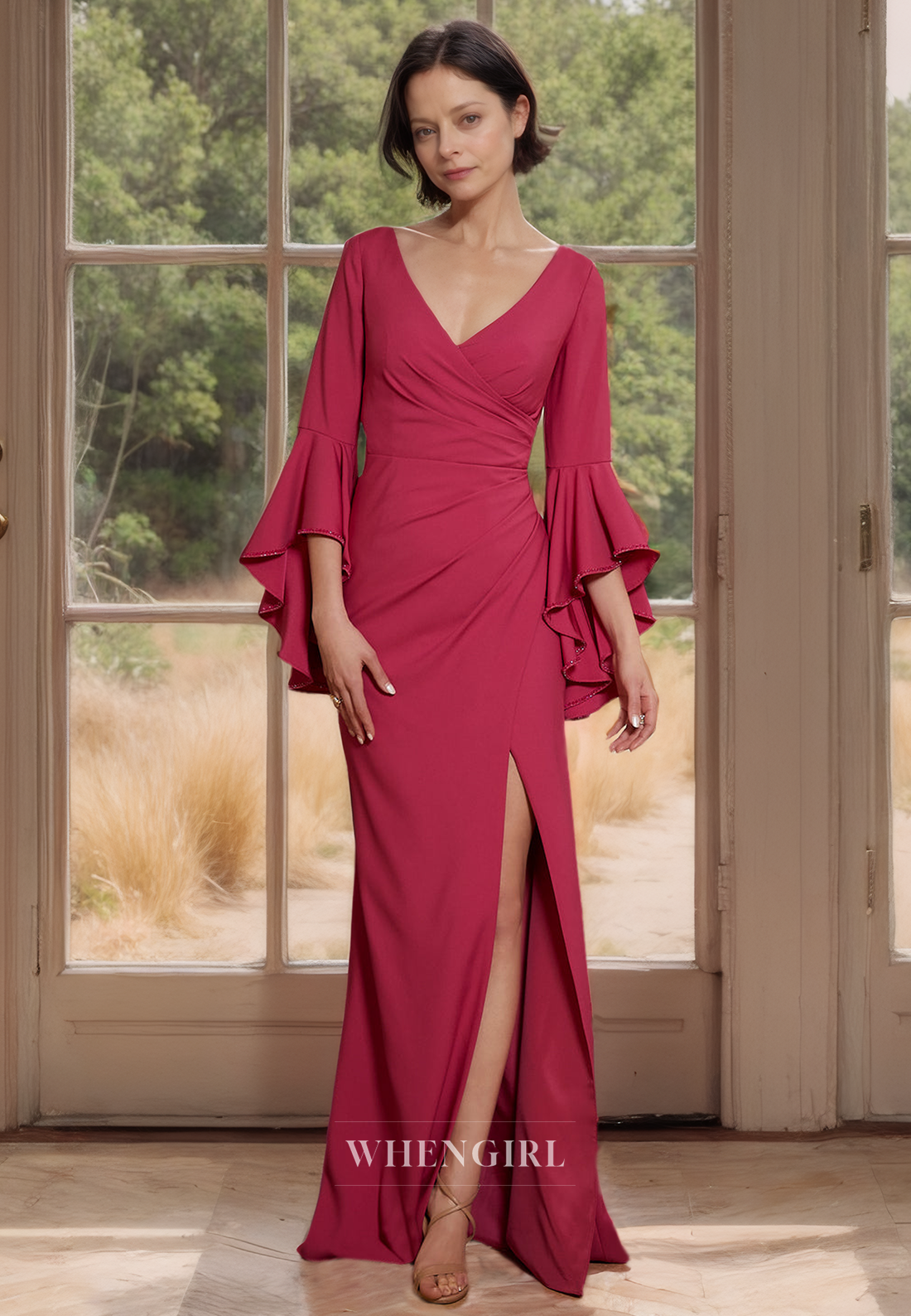 Elegant & Luxurious V-Neck Sheath Long Sleeves Pleated Satin Mother of the Bride Dress with Slit