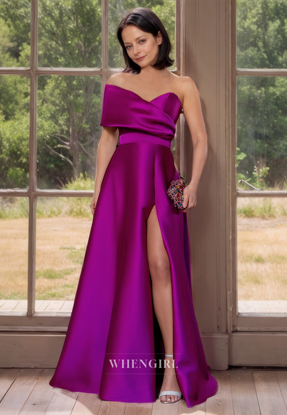 Classic & Simple One Shoulder A-Line Sleeveless Pleats Satin Cocktail Dress with Slit Mother of the Bride Dress