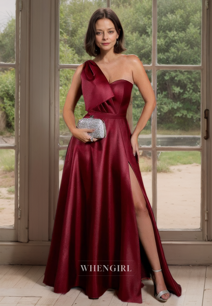 Classic & Simple One Shoulder A-Line Sleeveless Pleats Satin with Bow Mother of the Bride Dress