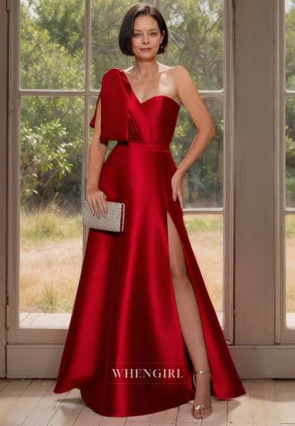 Classic & Simple One Shoulder A-Line Sleeveless Pleats Satin with Bow Mother of the Bride Dress