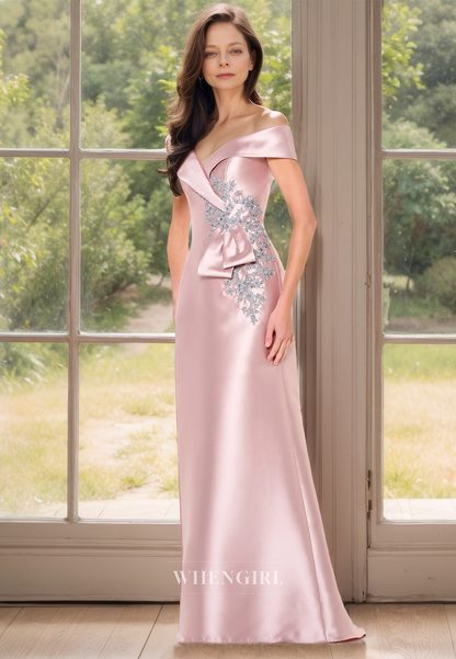 Elegant & Luxurious Off-Shoulder Sheath Sleeveless Satin Mother of the Bride Dress with Appliques