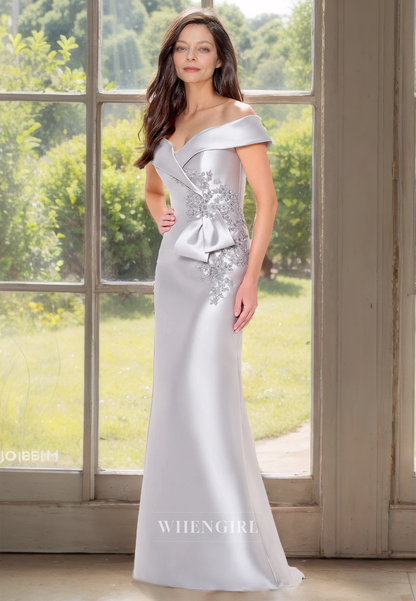 Elegant & Luxurious Off-Shoulder Sheath Sleeveless Satin Mother of the Bride Dress with Appliques