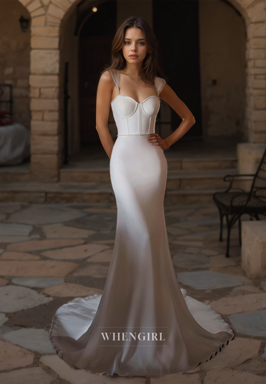 Sweetheart Mermaid Straps Sleeveless Sweep Train Satin Wedding Dress with Beads Bridal Gowns