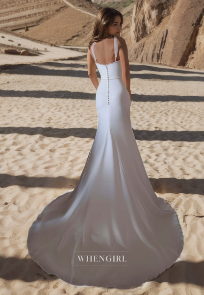 Sweetheart Mermaid Straps Sleeveless Sweep Train Satin Wedding Dress with Beads Bridal Gowns