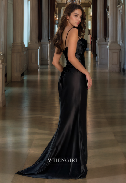 Spaghetti Straps Sweetheart Sheath Sweep Train Ruched Satin Prom Dress with Slit Party Dress