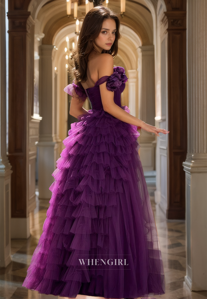 A-Line One Shoulder Sweetheart Sleeveless Floor-Length Lace Prom Dress with Floral Evening Gowns