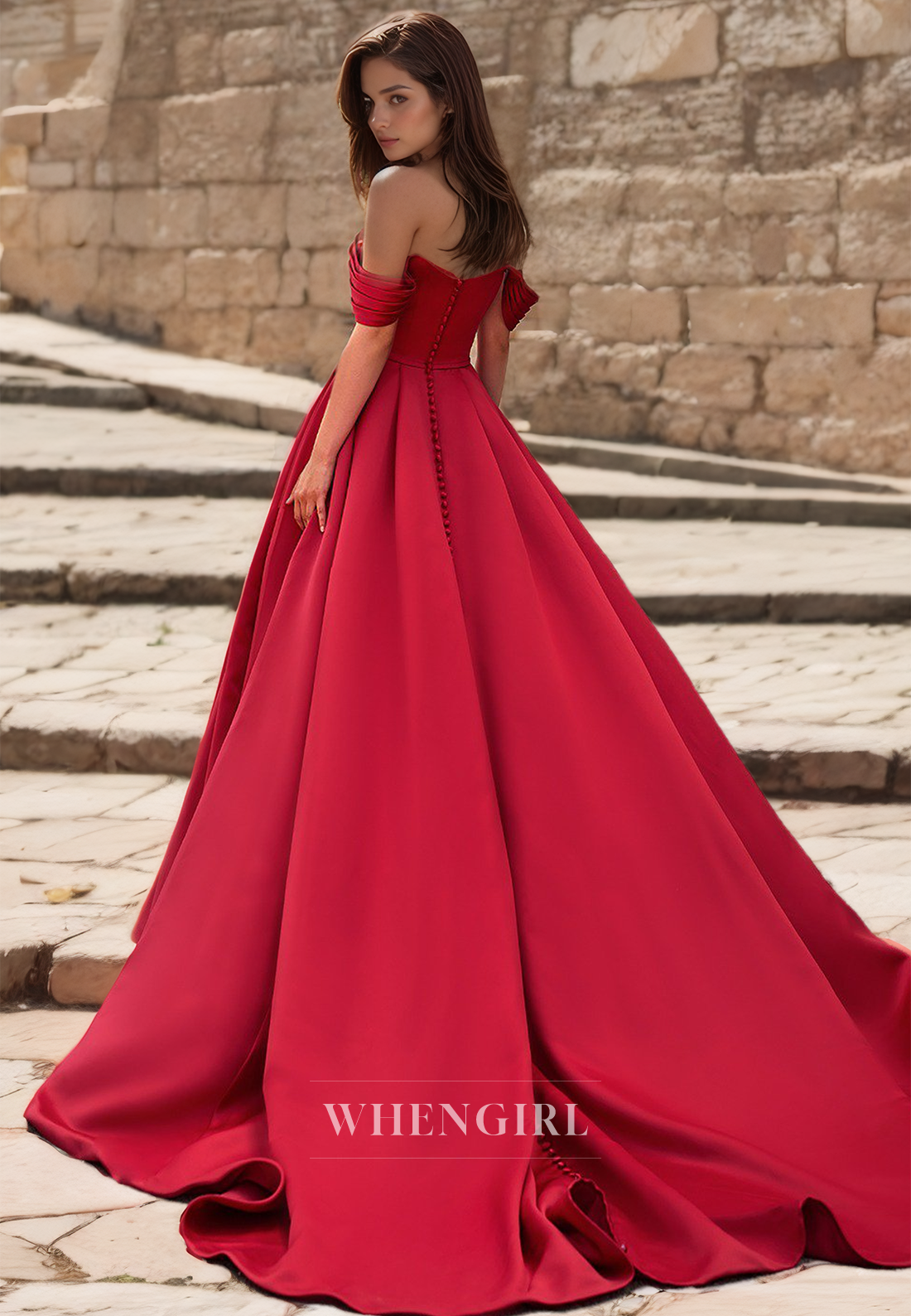 A-Line Off-Shoulder Sleeveless Pleated Satin Burgundy Wedding Dress with Brush Train Bridal Gowns