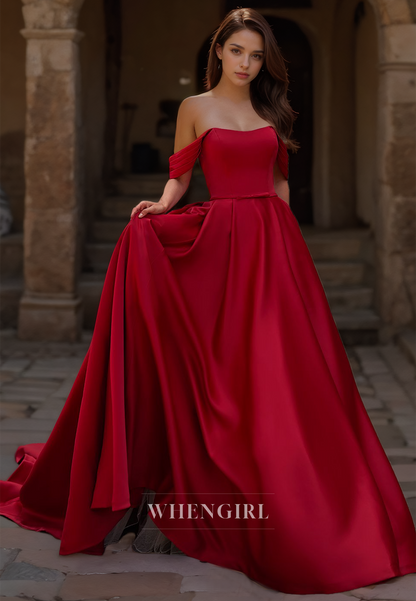 A-Line Off-Shoulder Sleeveless Pleated Satin Burgundy Wedding Dress with Brush Train Bridal Gowns