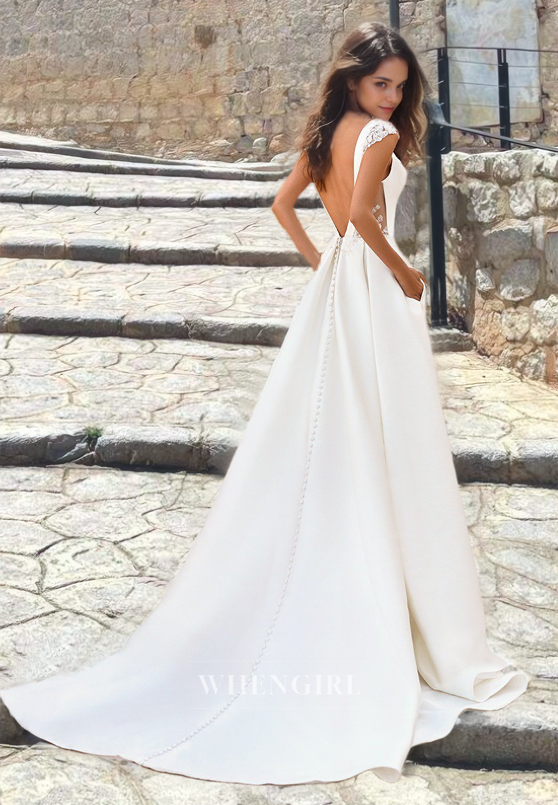 Simple&Classic A-Line V-Neck Cap Sleeves Wedding Dress Satin Wedding Dress with Train Bridal Gowns