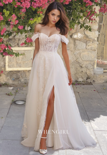 Off-Shoulder A-Line Sweetheart Sleeveless Train Slit Lace Wedding Dress Bridal Gowns with Appliques